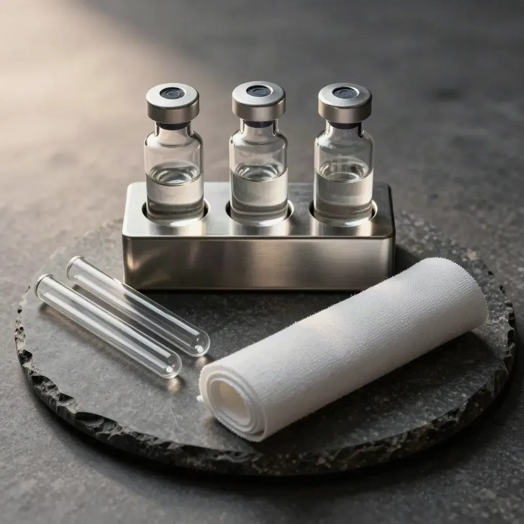 Drei Glasvials, Probenröhrchen und Tuchrolle auf Steinplatte, Laborstil.