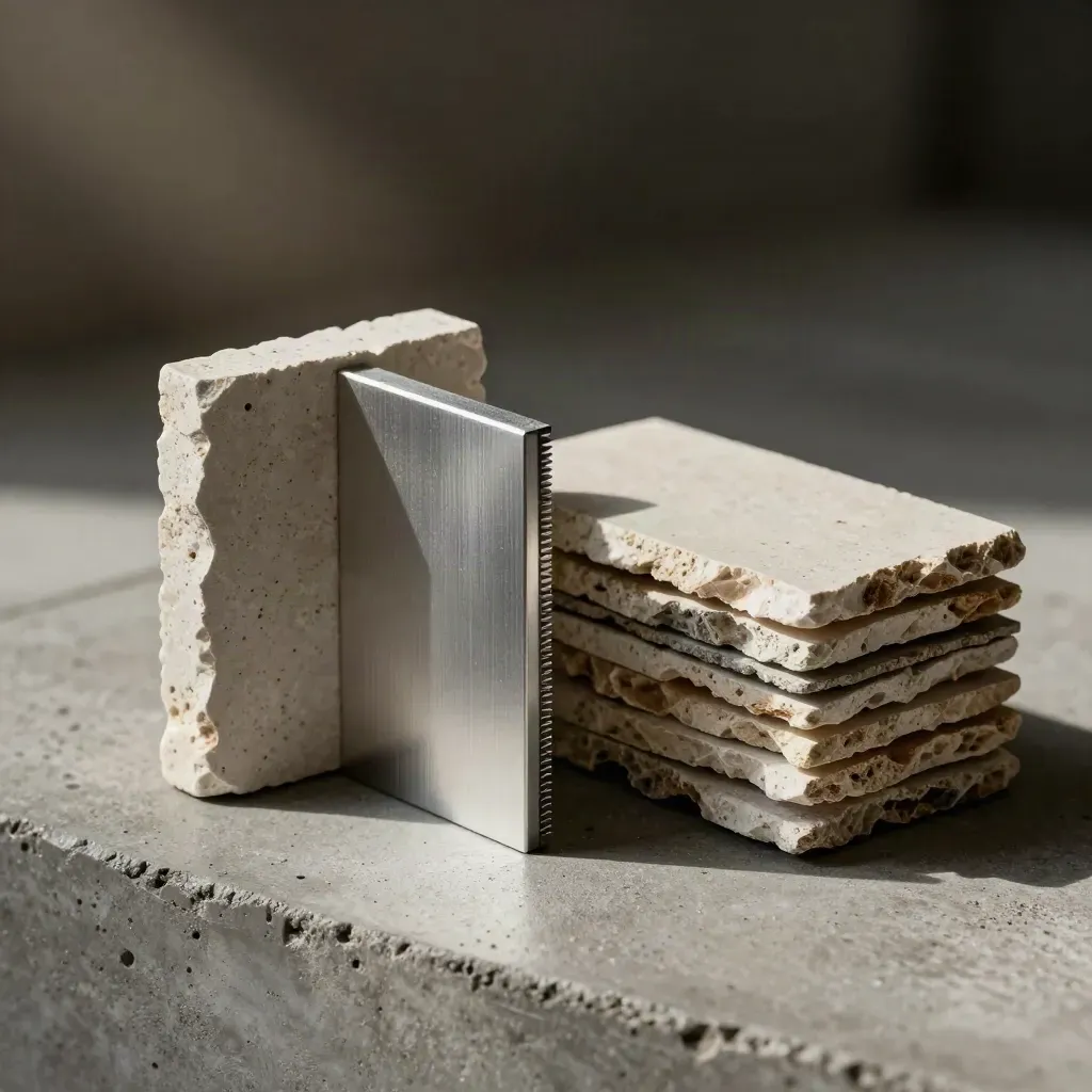 Steinproben, Alu-Winkel und Materialchips auf grauer Betonplatte im Studiolicht.