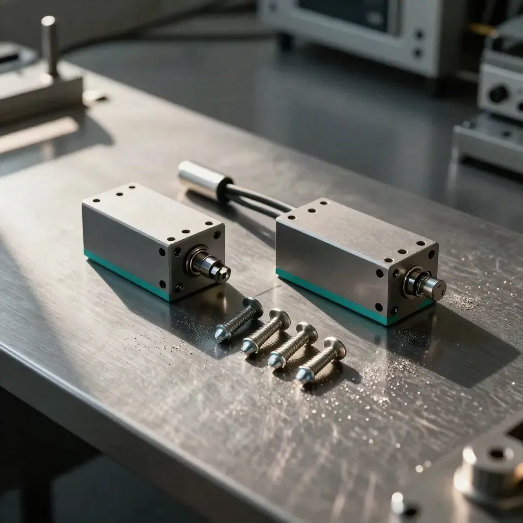 Zwei Aluminiumgehäuse, Kabelstrang und Schrauben auf gebürstetem Metall mit feinem Teal-Akzent.
