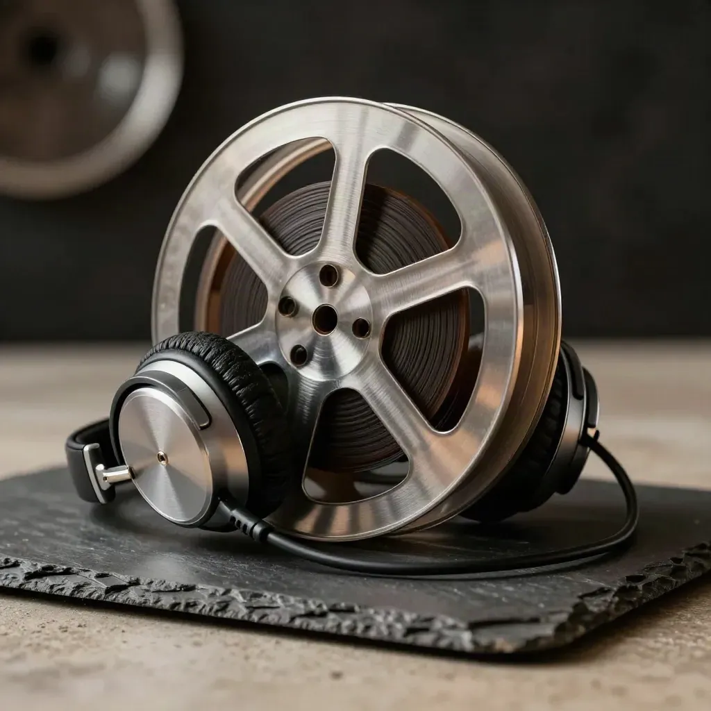 Filmspule, Kopfhörer und Audiokabel auf dunklem Stein, dramatisch von links oben beleuchtet.