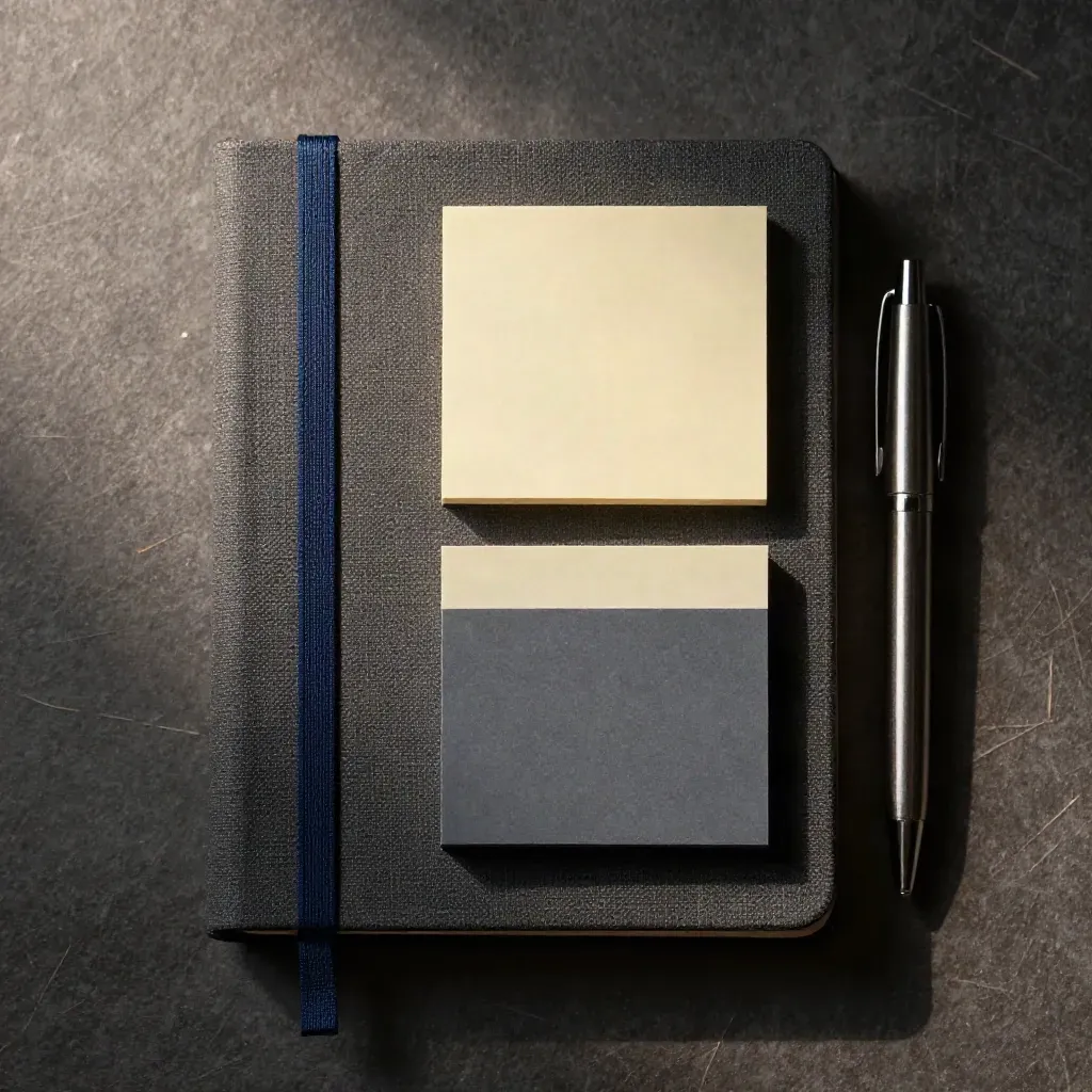 Geschlossenes Workbook, Haftnotiz-Blöcke und Stift für einen Daten-Workshop.