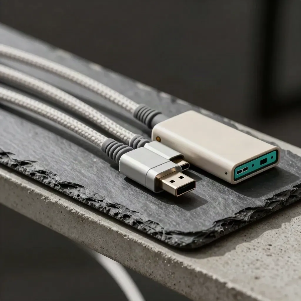 Offenes Kabelset mit USB-C-Adaptern und SSD-Gehäuse auf kühlem Betonsockel