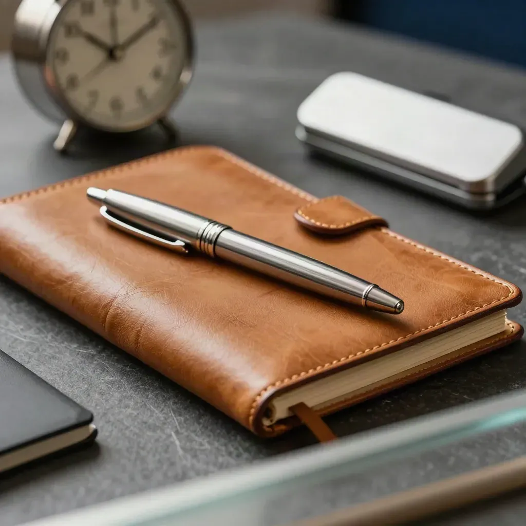Notizbuch, Metallstift, Tischuhr und Brillenetui im Meeting-Setup hinter Milchglas