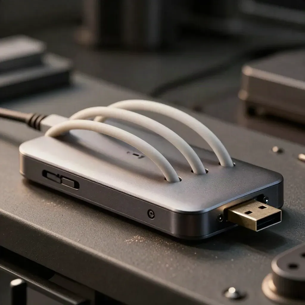 Nahaufnahme eines USB-Hubs mit zwei Kabelschleifen und Metall-Dockblock auf dunklem Stein.