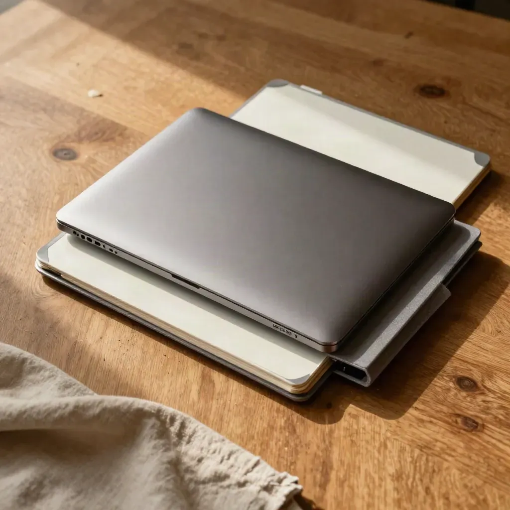 Geschlossener Laptop, Hub und Whiteboard-Block auf hellem Holz, von oben im Weichlicht.