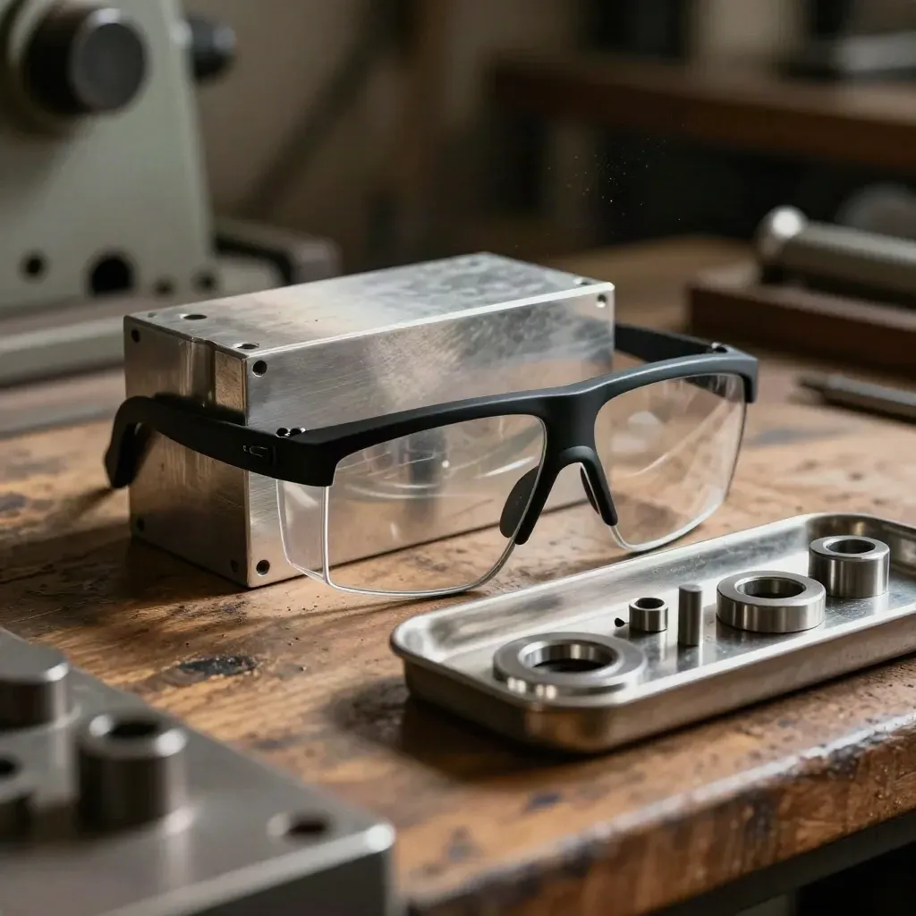 Stahlgehäuse, Schutzbrille und Metallwanne im warmen Werkstattlicht mit dunklem Bokeh.