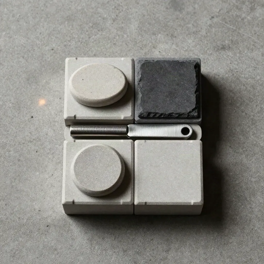 Vier hellgraue Blockmodule, zwei Steinpapiergewichte und ein Metallclip auf grauer Steinfläche.